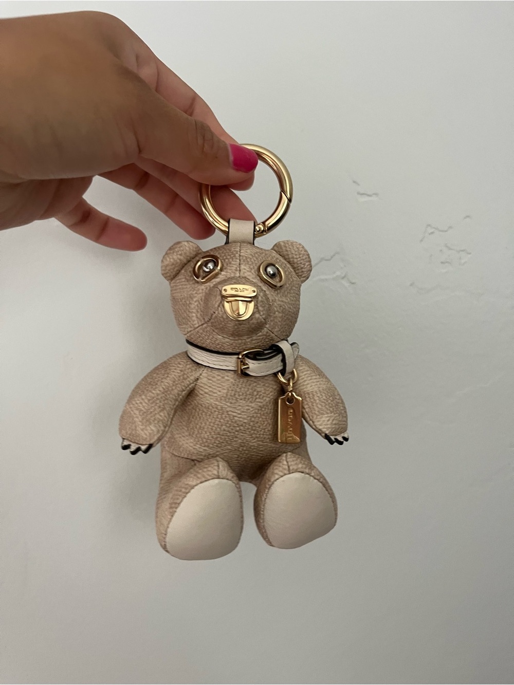 Coach Beige Teddy Bear Bag Charm with Gold Hardware